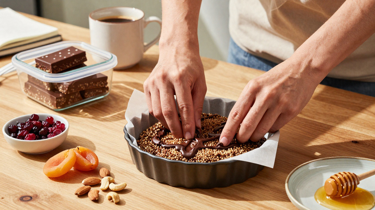 Mãos a preparar sobremesa com chocolate, sementes e frutos secos numa mesa de madeira clara.