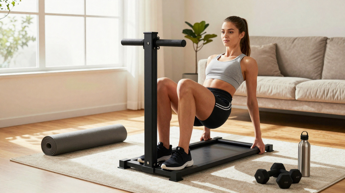 Mulher a fazer exercícios com equipamento de ginástica em sala de estar luminosa.