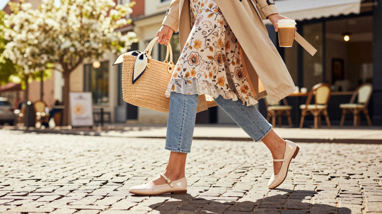 Pessoa com vestido floral e casaco bege anda numa rua de pedra com sacola e café para levar.