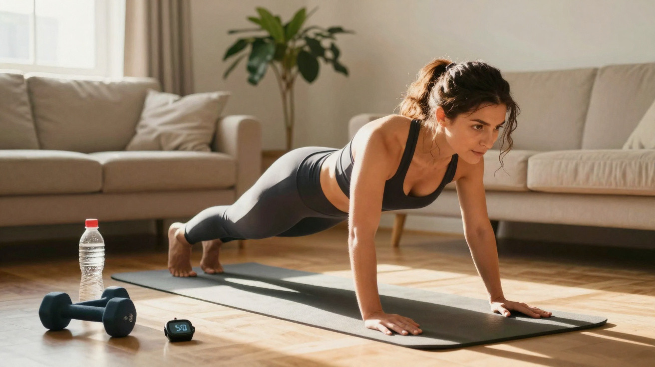 Mulher a fazer prancha no tapete de yoga numa sala com sofá, halteres, garrafa de água e cronómetro.