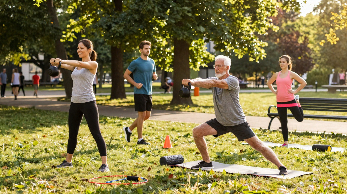 Grupo de pessoas a fazer exercício ao ar livre num parque, usando kettlebell e elásticos.