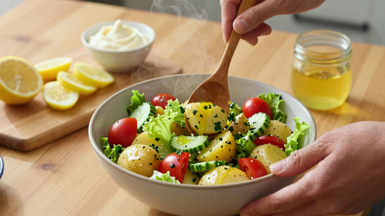 Salada de batatas com tomate cherry, alface, pepino e ervas, com mãos a mexer com colher de pau.