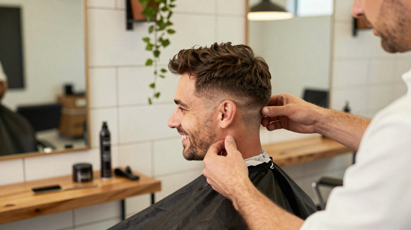 Homem sorridente a receber corte de cabelo numa barbearia moderna com toalha preta.