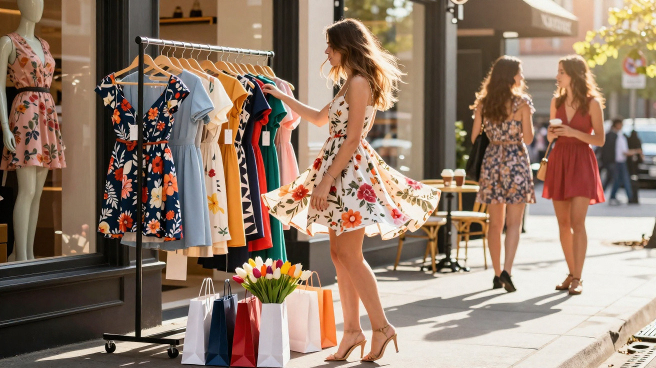 Mulher com vestido florido escolhe roupa em loja de rua com sacos de compras e outras mulheres ao fundo.