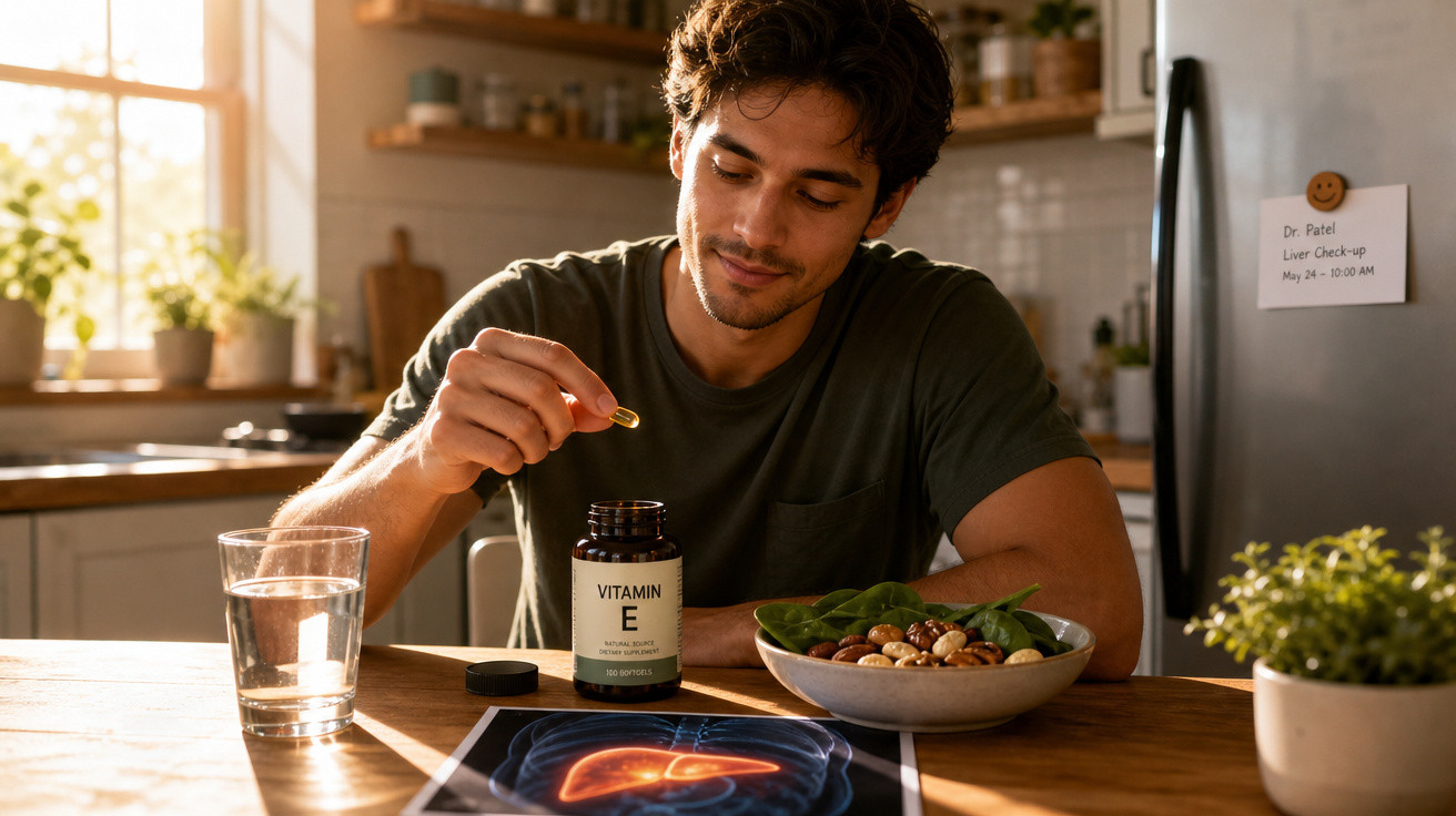 Homem a tomar cápsula de vitamina E com água e refeição saudável, imagem do fígado na mesa.