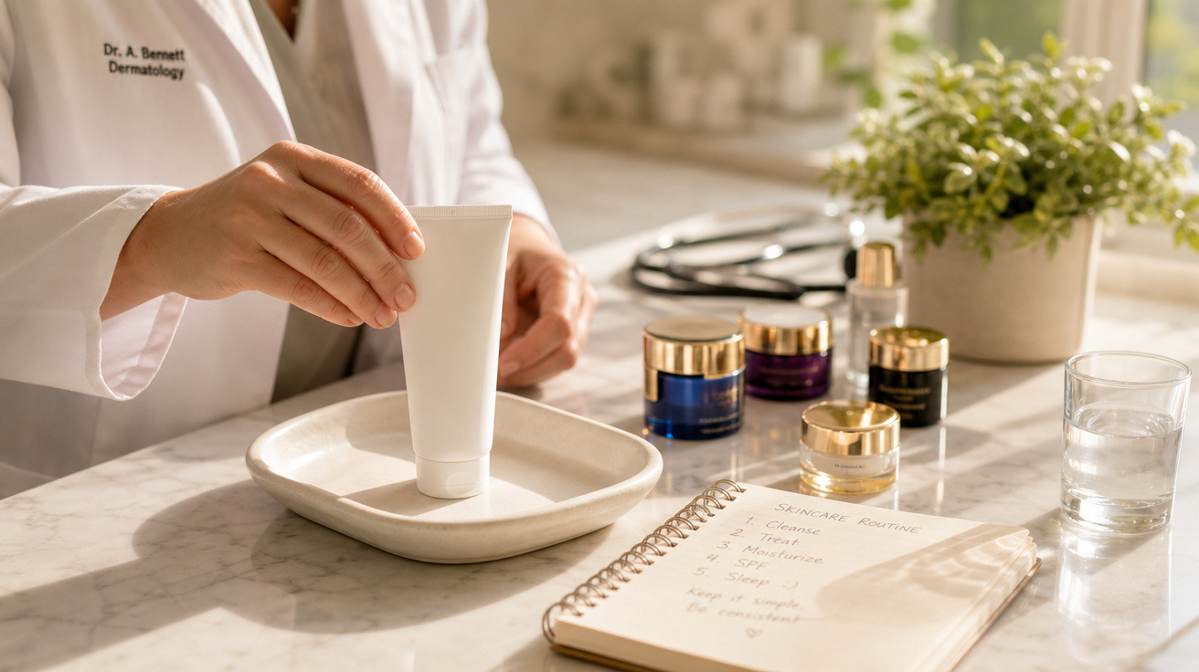 Médico dermatologista segurando tubo de creme branco com frascos de cosméticos e caderno numa mesa.