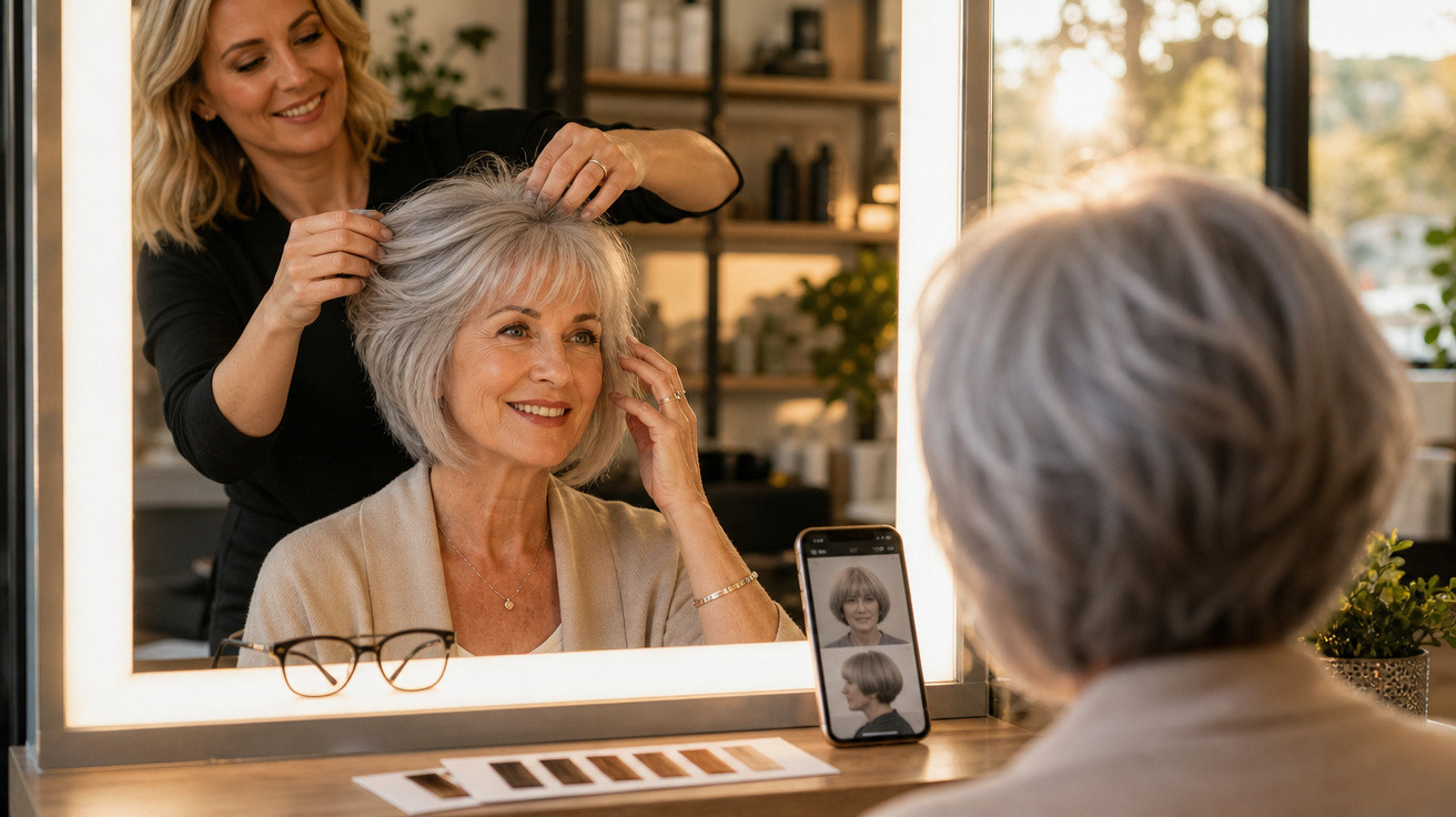 Mulher sénior sorridente a experimentar novo penteado no salão de cabeleireiro com cabeleireira a ajudar.
