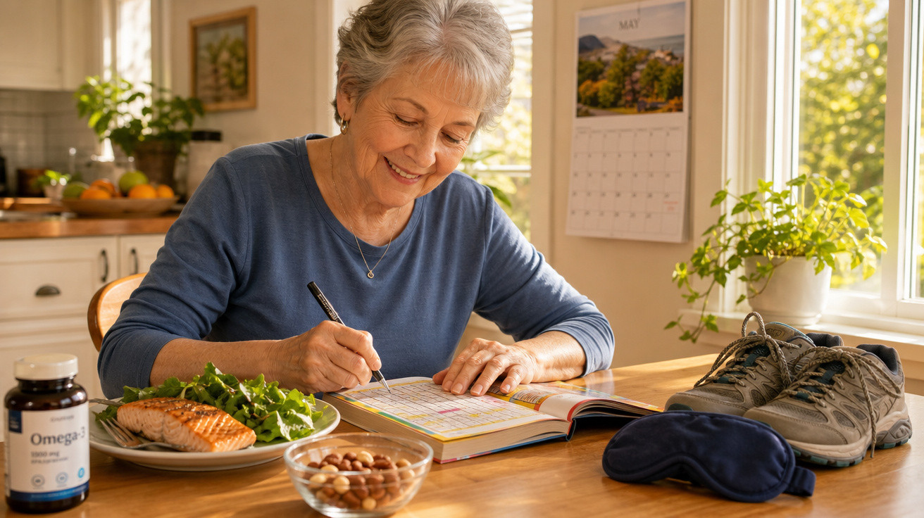Idosa sorridente a preencher uma agenda com salmão, salada, suplementos, frutos secos e ténis ao lado na mesa.