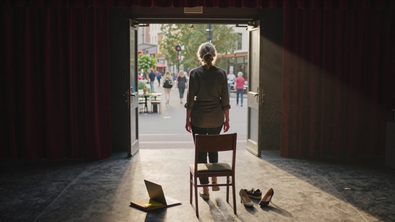 Pessoa de pé de costas numa cena teatral, olhando para uma rua movimentada através de portas abertas.