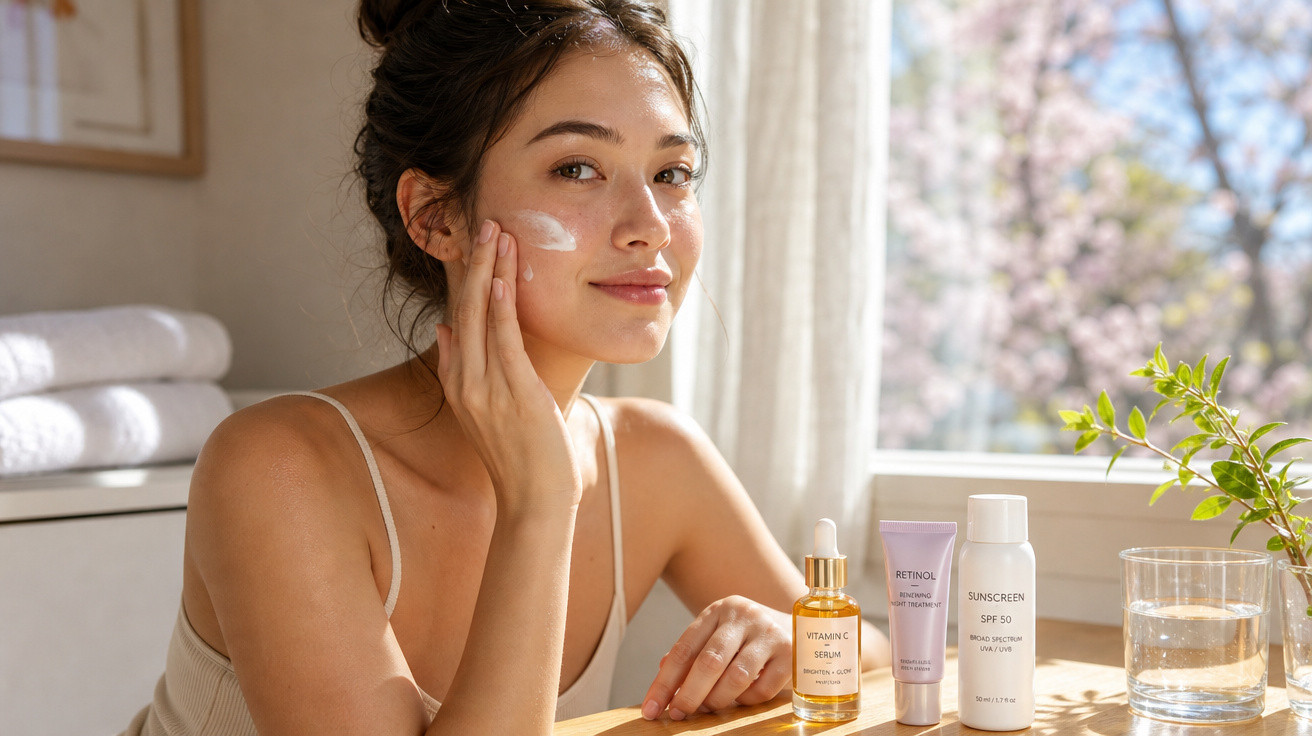 Mulher a aplicar creme no rosto junto a uma janela com produtos de cuidados de pele numa mesa.