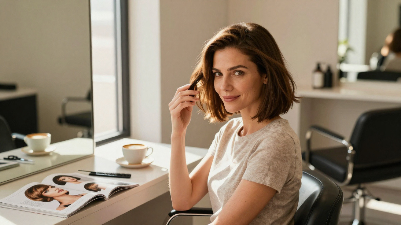 Mulher com cabelo curto castanho sentada num salão de beleza, olhando para a câmera e sorrindo ligeiramente.