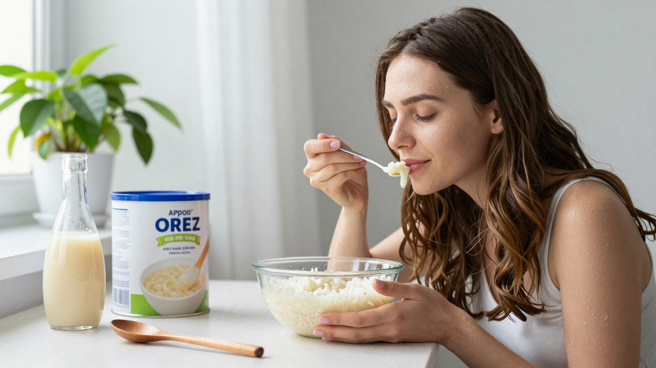 Mulher a saborear arroz doce num recipiente de vidro numa cozinha luminosa com leite e arroz em pó na mesa.