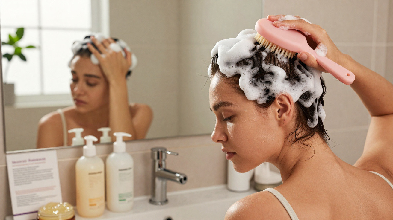 Mulher a lavar o cabelo com espuma e escova no banho, vista lateral com espelho à frente.