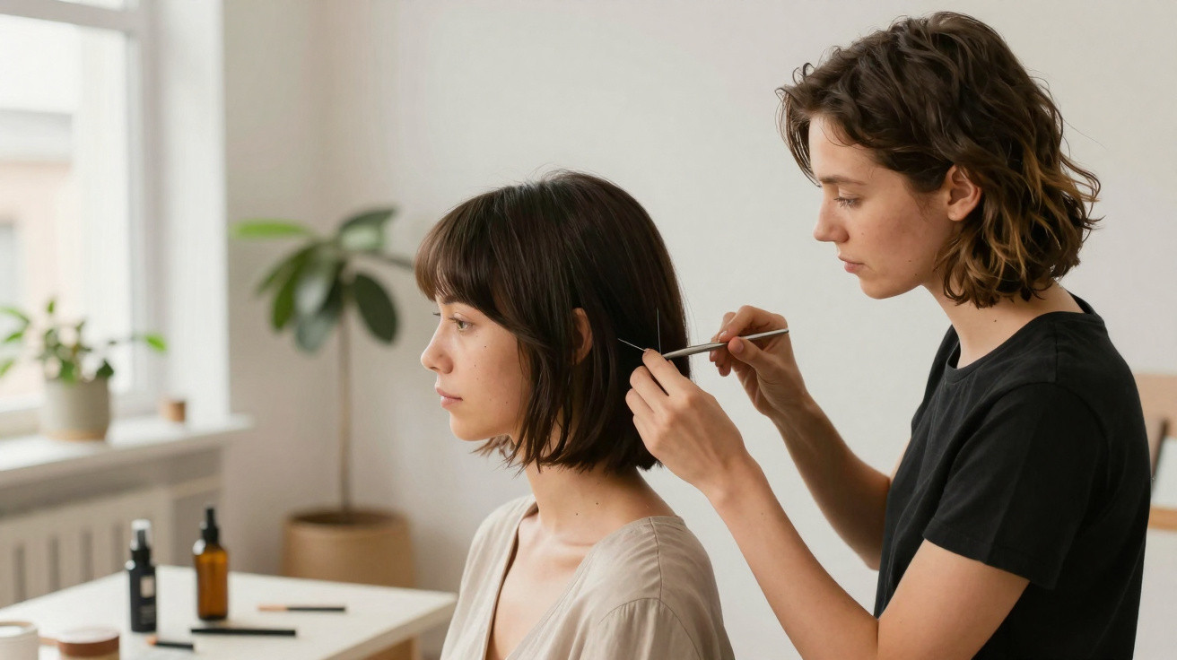 Profissional a pentear cabelo de mulher sentada num ambiente luminoso e minimalista.