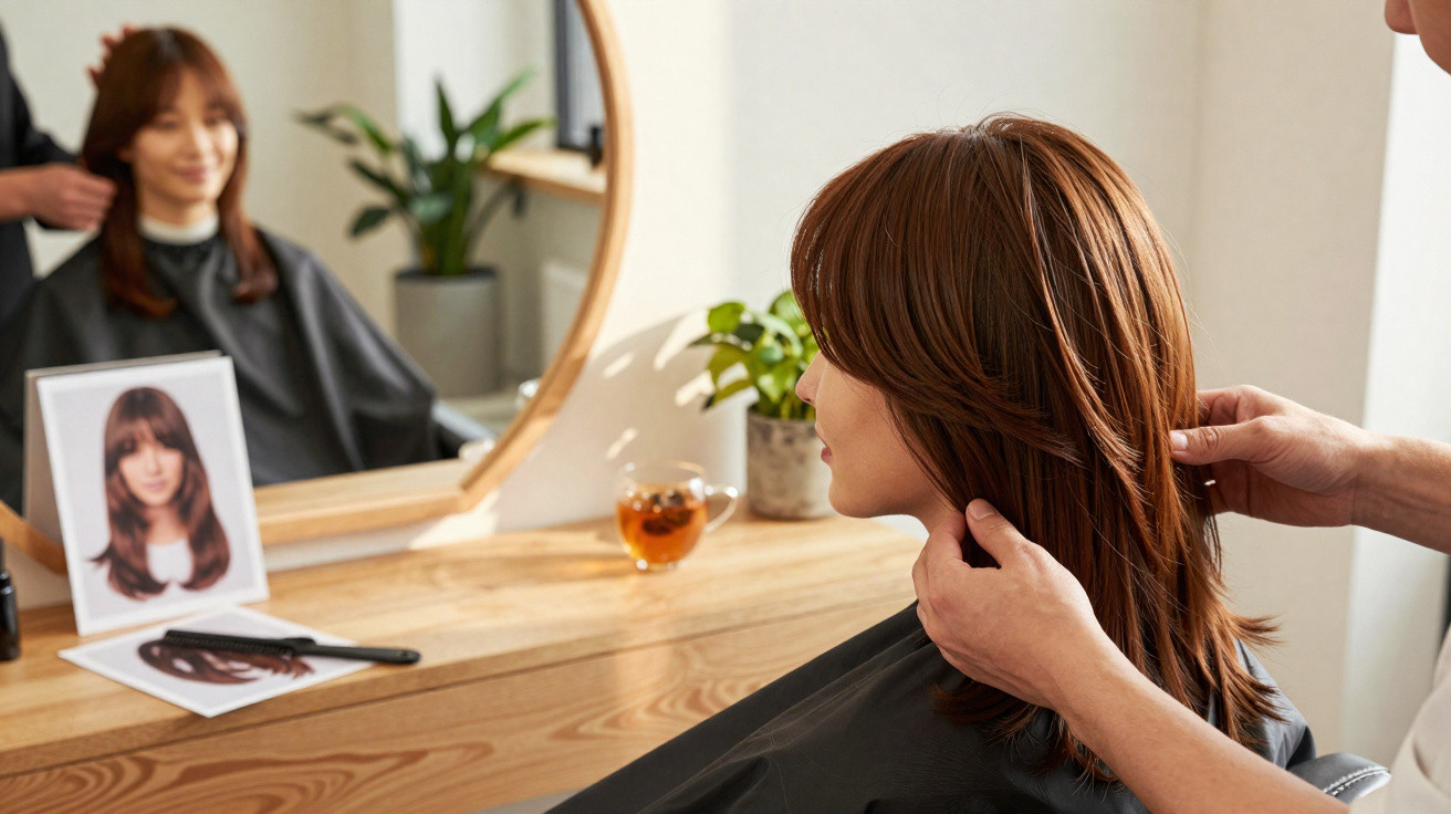 Mulher sentada no cabeleireiro a ver o corte de cabelo no espelho enquanto estilista ajeita o cabelo.