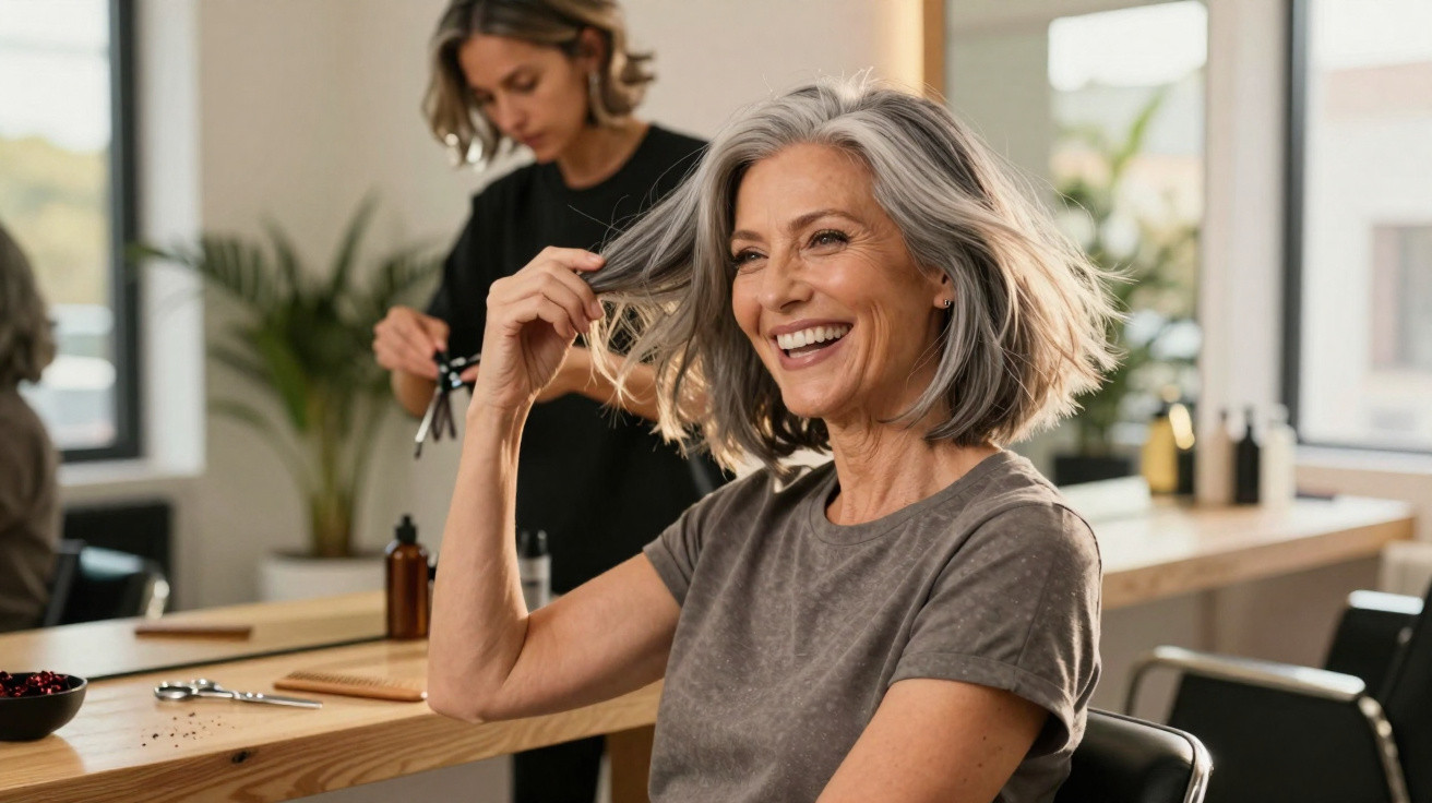 Mulher sorridente com cabelo cinza curto num cabeleireiro, enquanto a cabeleireira prepara tesouras ao fundo.