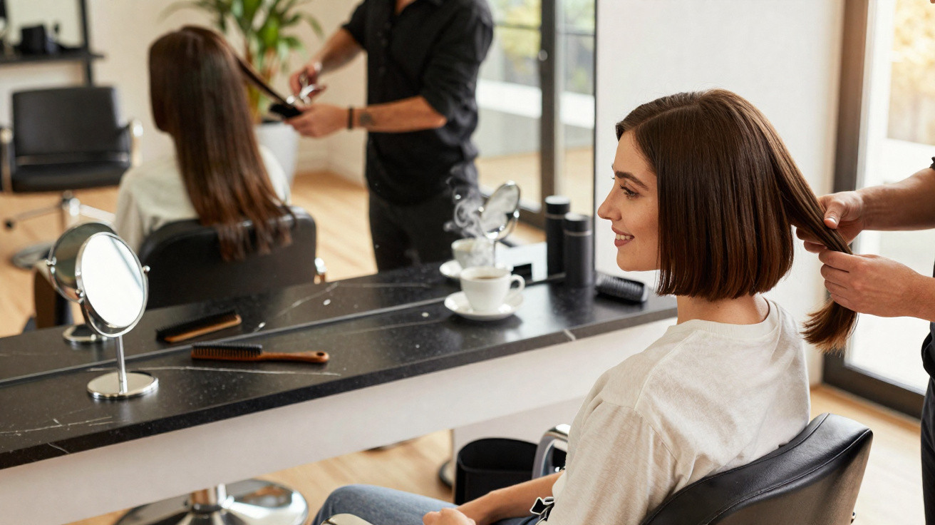 Mulher sentada num salão de cabeleireiro a ser preparada para um corte de cabelo por um profissional.