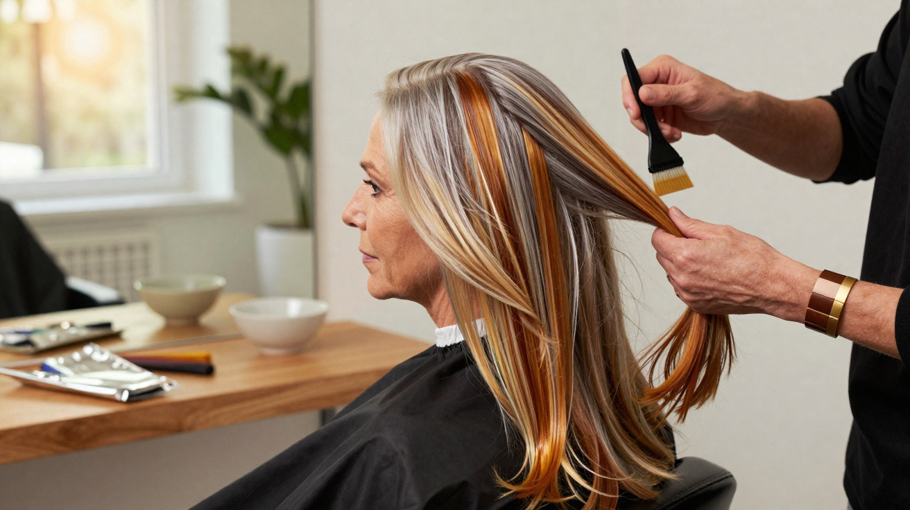 Mulher com cabelo loiro com mechas laranja a ser penteada num salão de cabeleireiro.