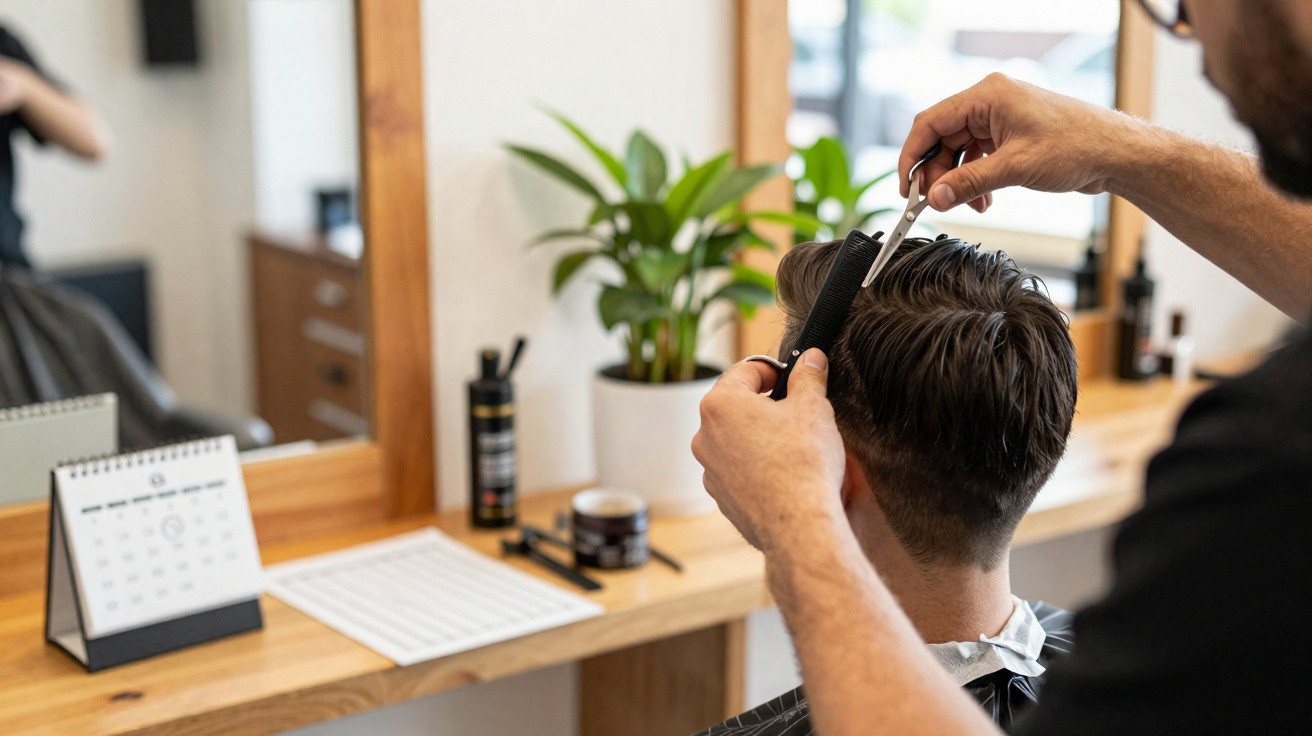 Barbeiro a cortar o cabelo de um cliente num salão moderno com espelho e planta verde.