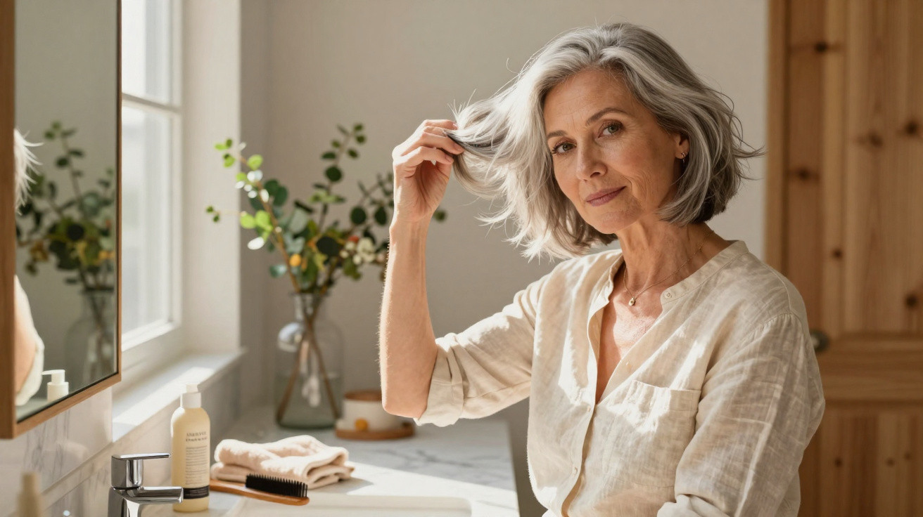 Mulher madura com cabelo grisalho a tocar no cabelo, sentada numa casa de banho com decoração natural.