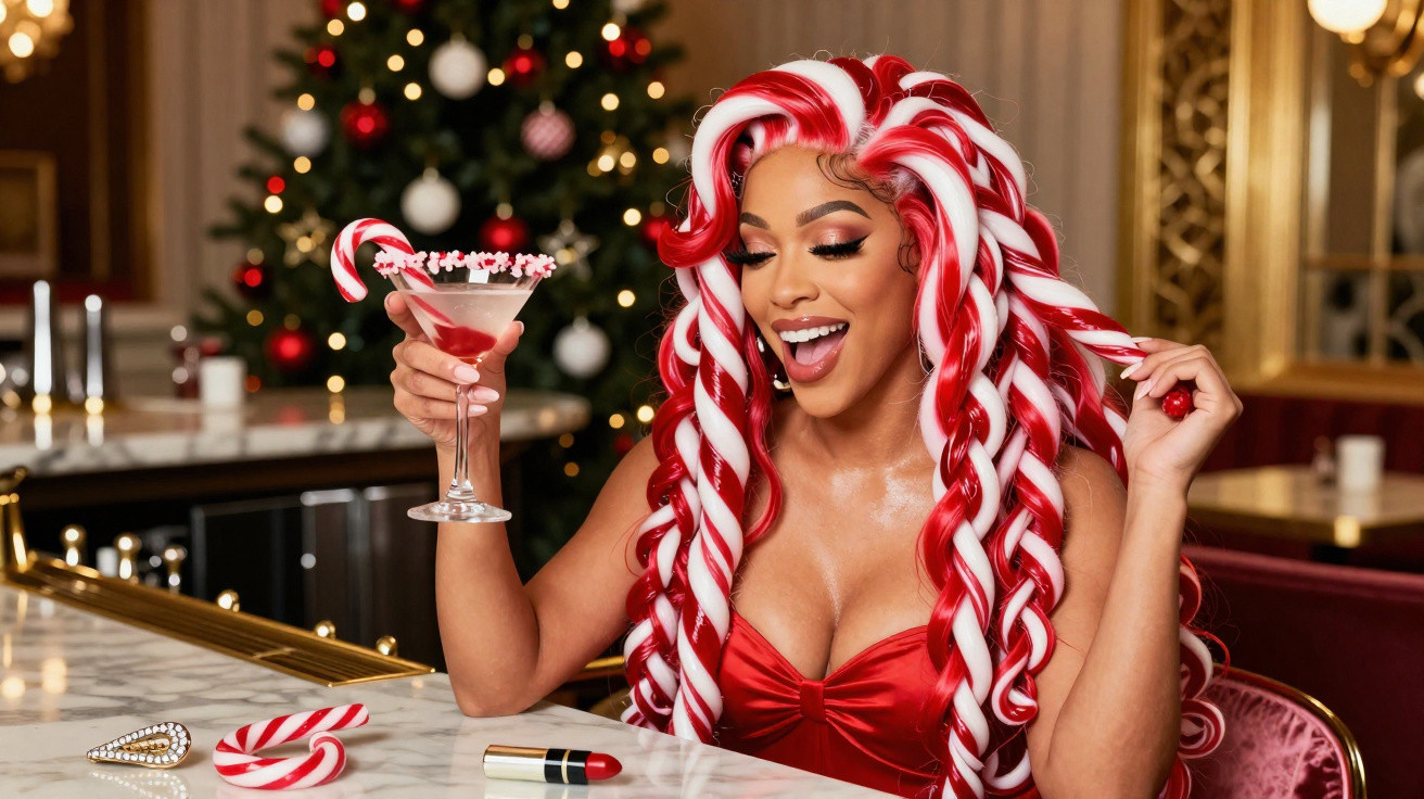 Mulher com cabelo vermelho e branco, vestido vermelho, segurando cocktail em bar decorado para Natal.