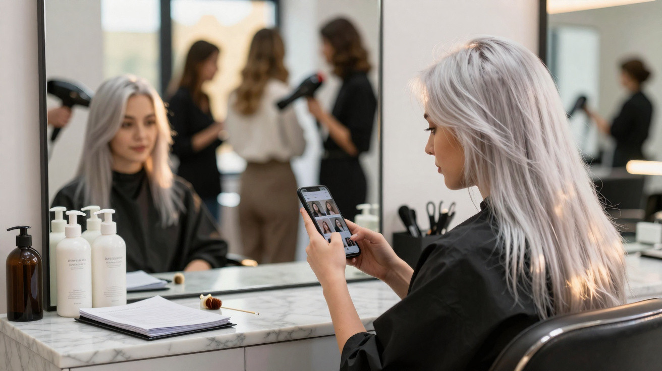 Mulher com cabelo branco sentada num salão de beleza a olhar para o telemóvel, com espelho à sua frente.