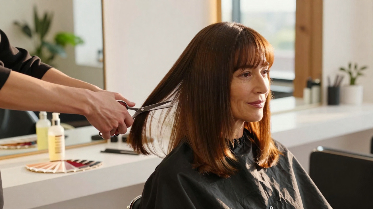 Mulher sentada a cortar cabelo num cabeleireiro, com espelho e produtos ao fundo.