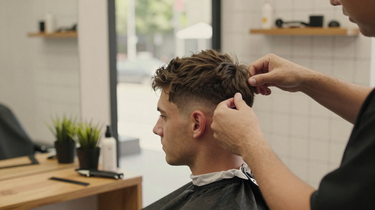 Homem sentado de perfil a receber corte de cabelo num cabeleireiro com decoração moderna.