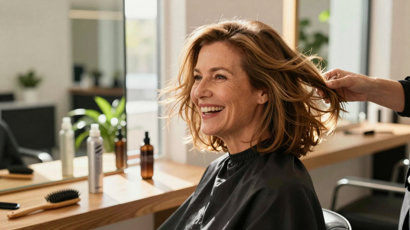 Mulher sorridente sentada no cabeleireiro a receber tratamento no cabelo.