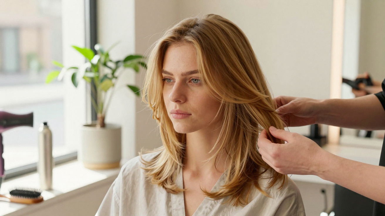 Mulher com cabelo loiro sendo arranjado por cabeleireiro num salão iluminado pela luz natural.