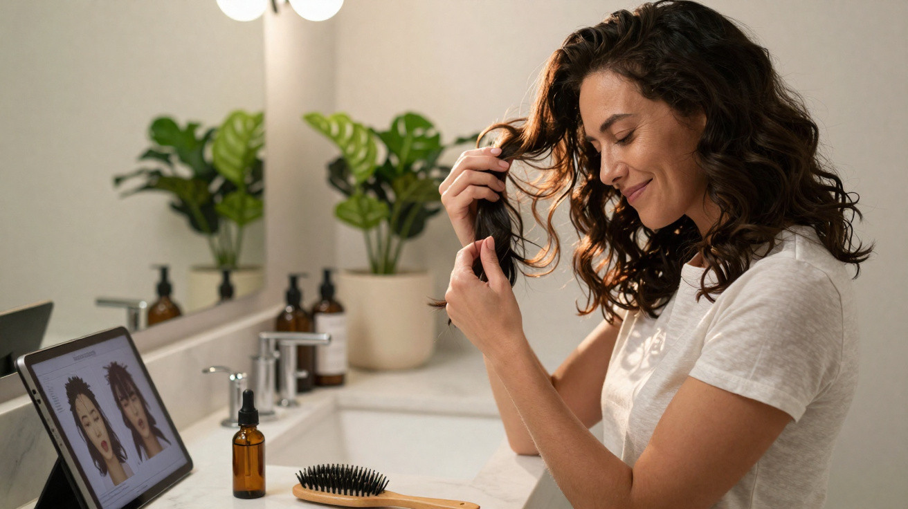 Mulher a cuidar do cabelo com produtos num lavabo, olhando-se ao espelho digital.