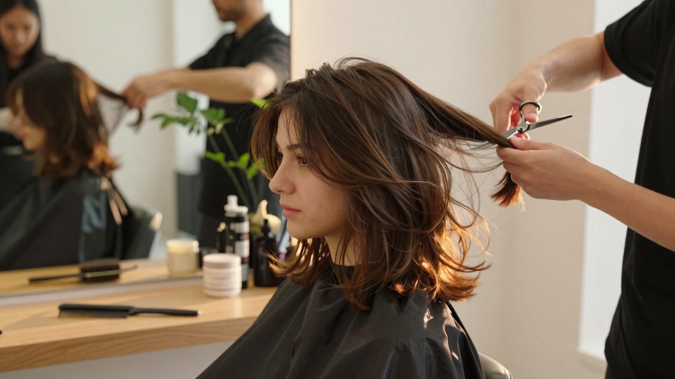 Mulher com cabelo castanho médio a ser cortado por cabeleireiro num salão de beleza.