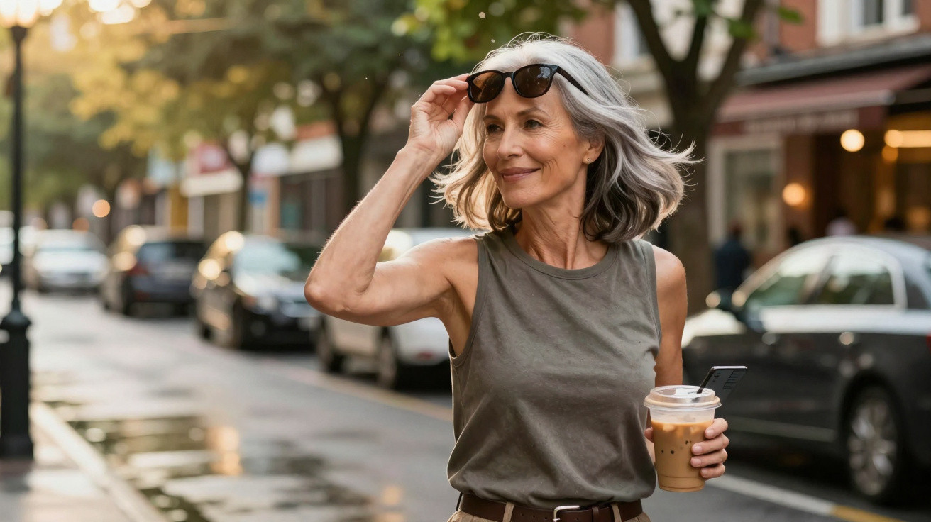 Mulher madura sorridente a tirar os óculos de sol, segurando café gelado, numa rua com carros estacionados.
