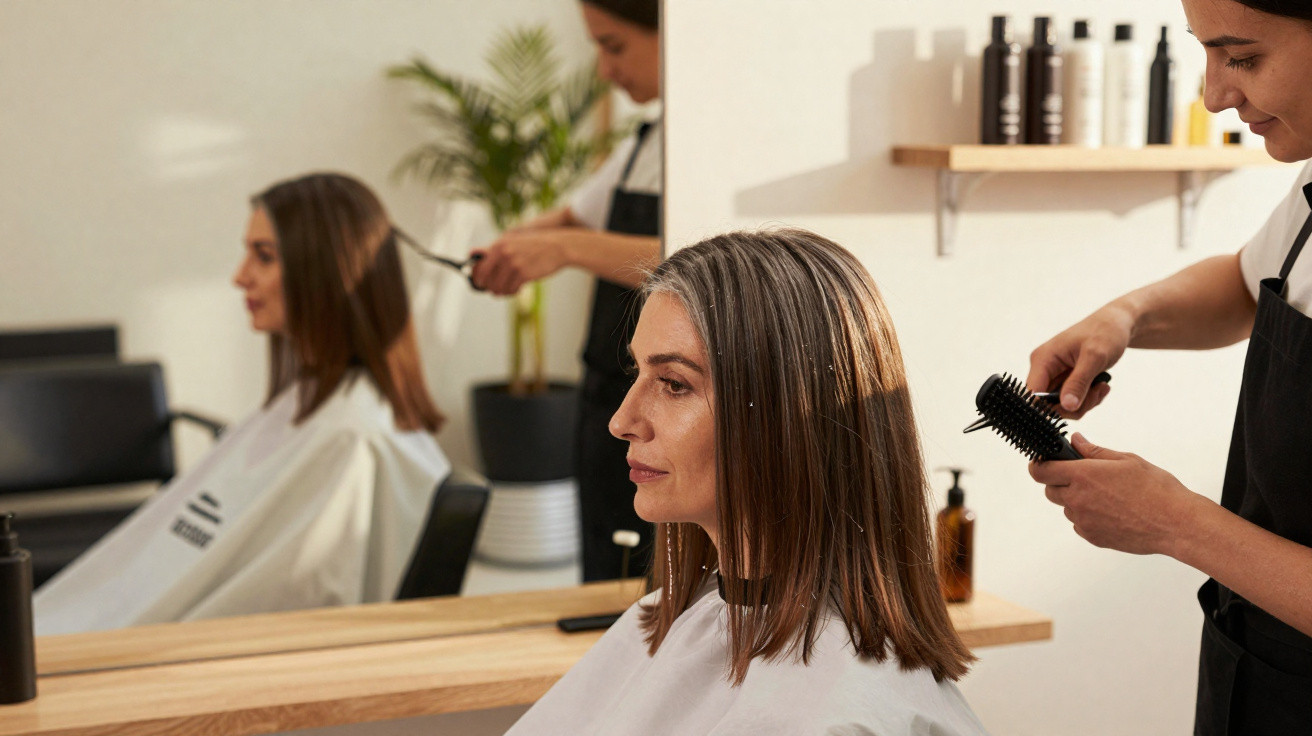 Mulher de meia-idade a ser penteada por cabeleireira num salão de beleza moderno e iluminado.