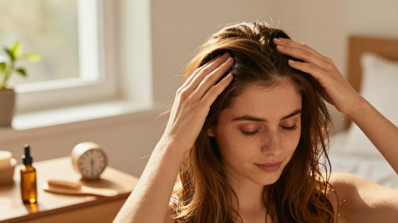 Mulher a aplicar óleo capilar no cabelo num quarto iluminado com luz natural.