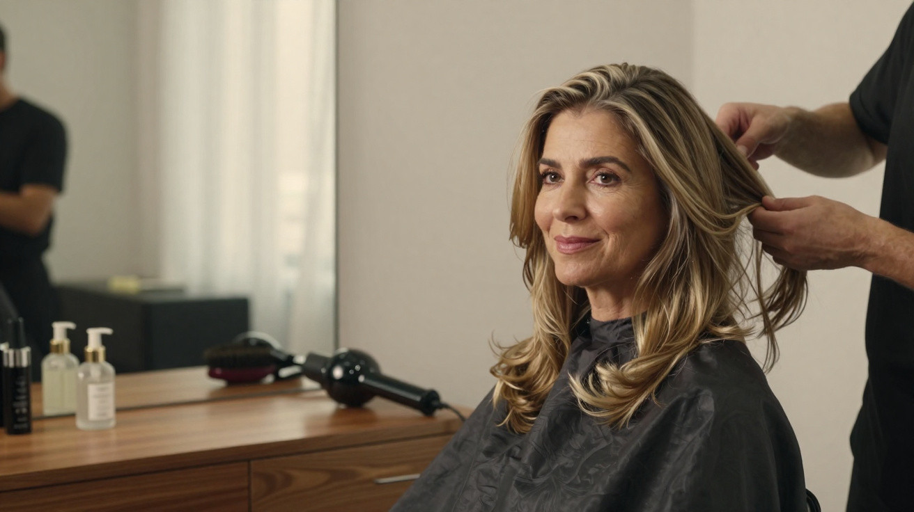 Mulher adulta sentada numa cadeira de cabeleireiro a ter o cabelo tratado por profissional.