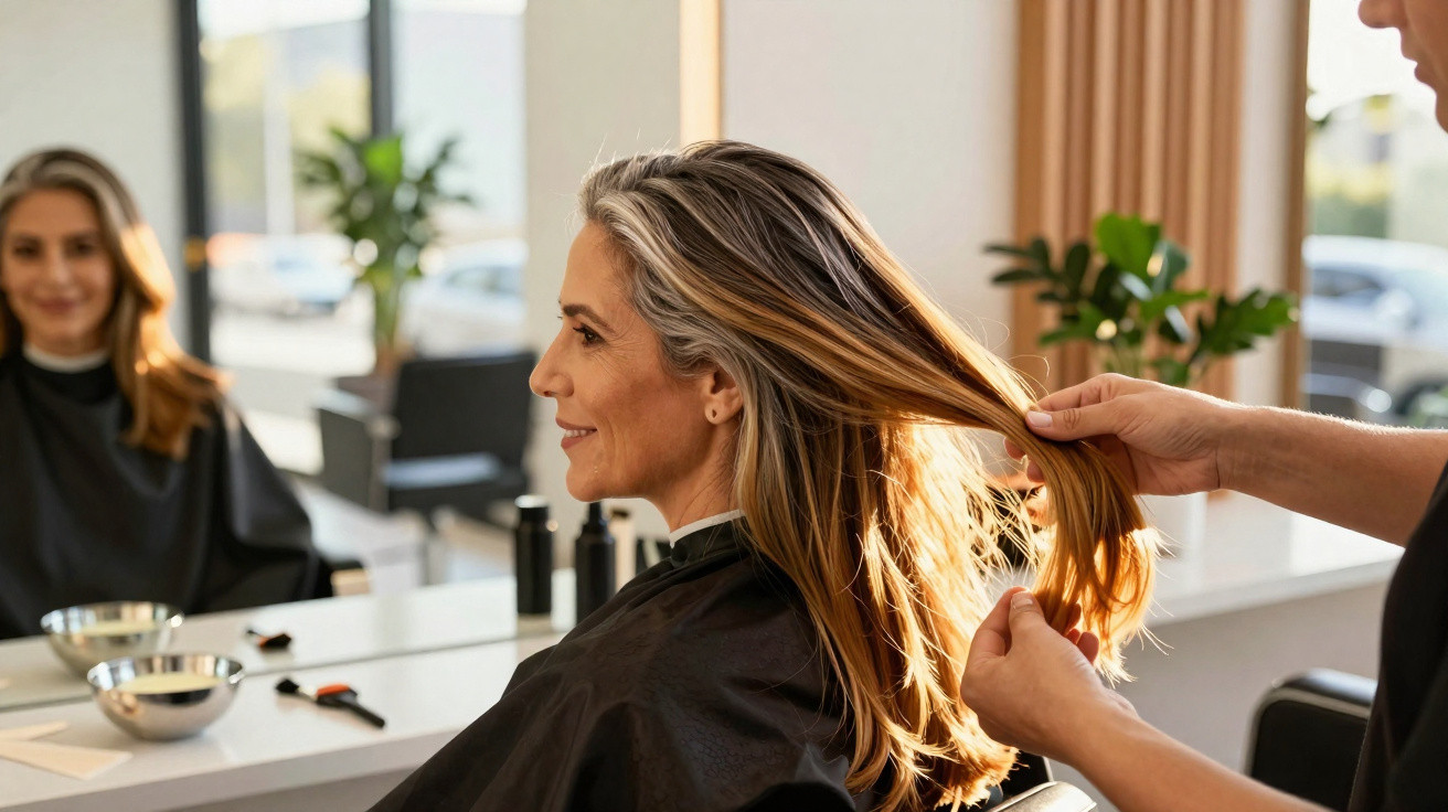 Mulher sorridente sentada no cabeleireiro com capa preta, enquanto cabeleireiro segura o seu cabelo.