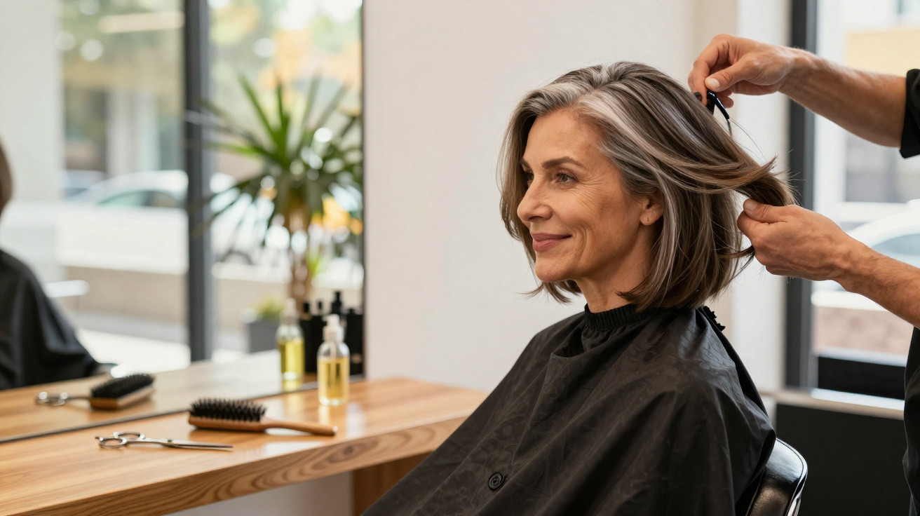 Mulher sorridente sentada num salão de cabeleireiro a ser penteada pelo cabeleireiro.