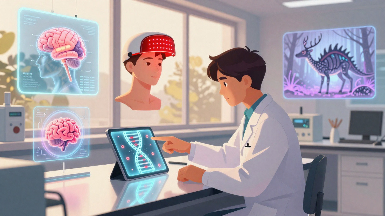 Cientista analisa ADN num tablet, com gráficos de cérebro e um animal esquelético em hologramas à sua volta.