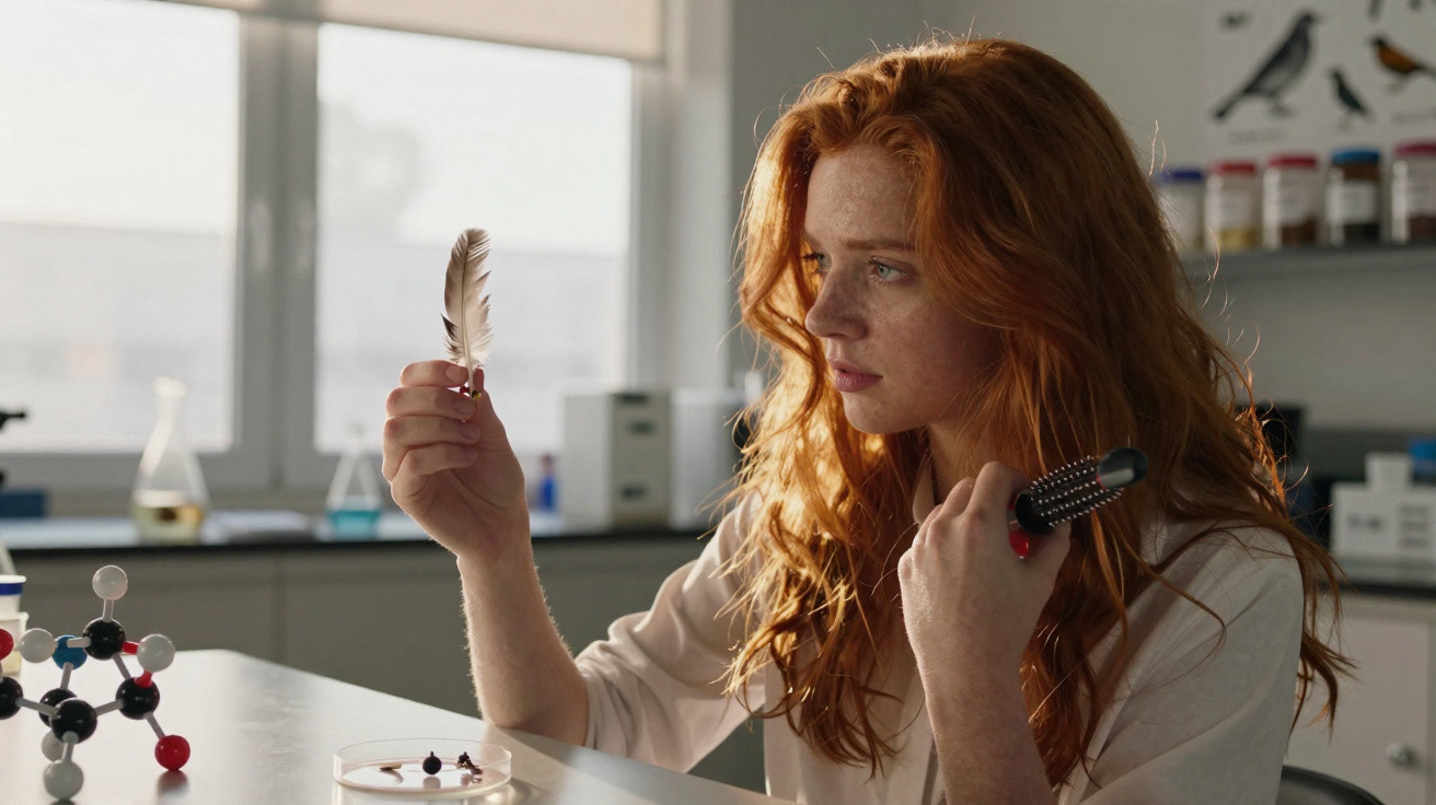 Mulher ruiva em laboratório a observar pena enquanto segura escova de cabelo.