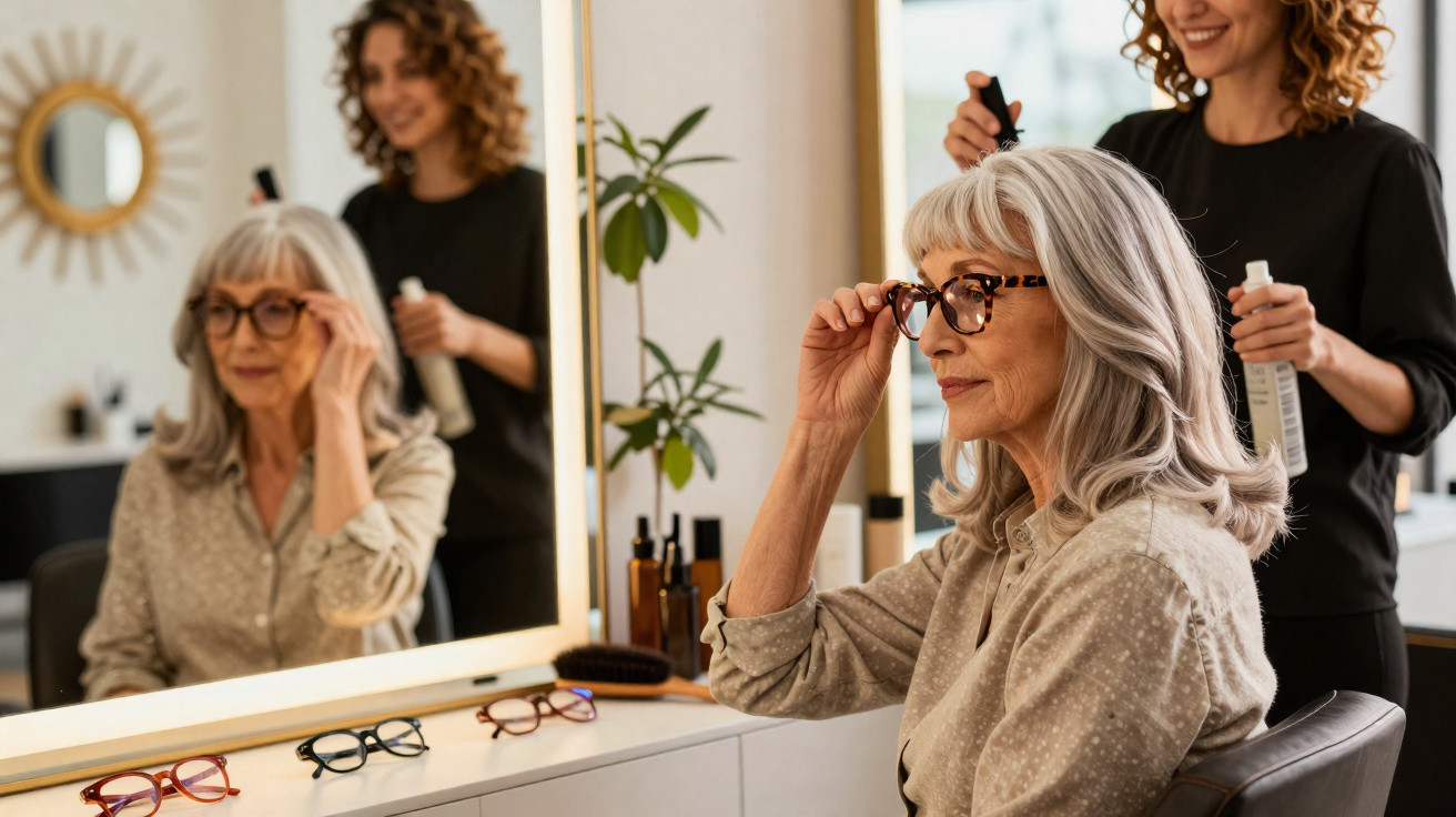 Mulher idosa experimenta óculos enquanto cabeleireira prepara o cabelo num salão moderno.