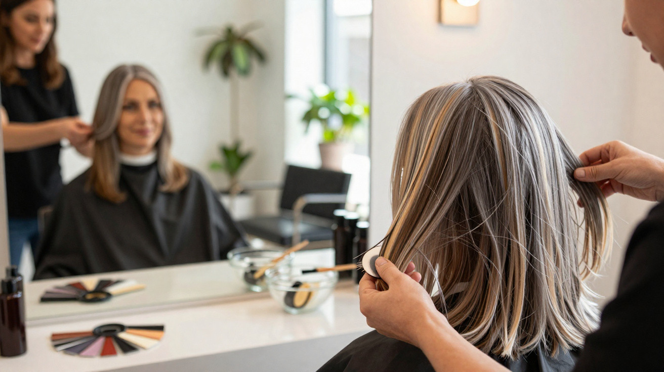 Mulher com cabelo grisalho a ser penteada por cabeleireira num salão de beleza.