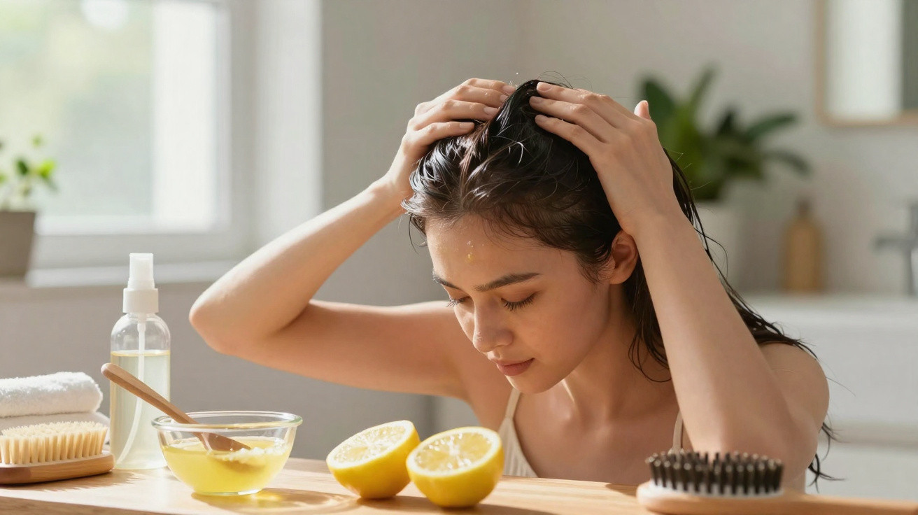 Mulher a aplicar máscara capilar natural com limão numa cozinha iluminada e ambiente relaxante.