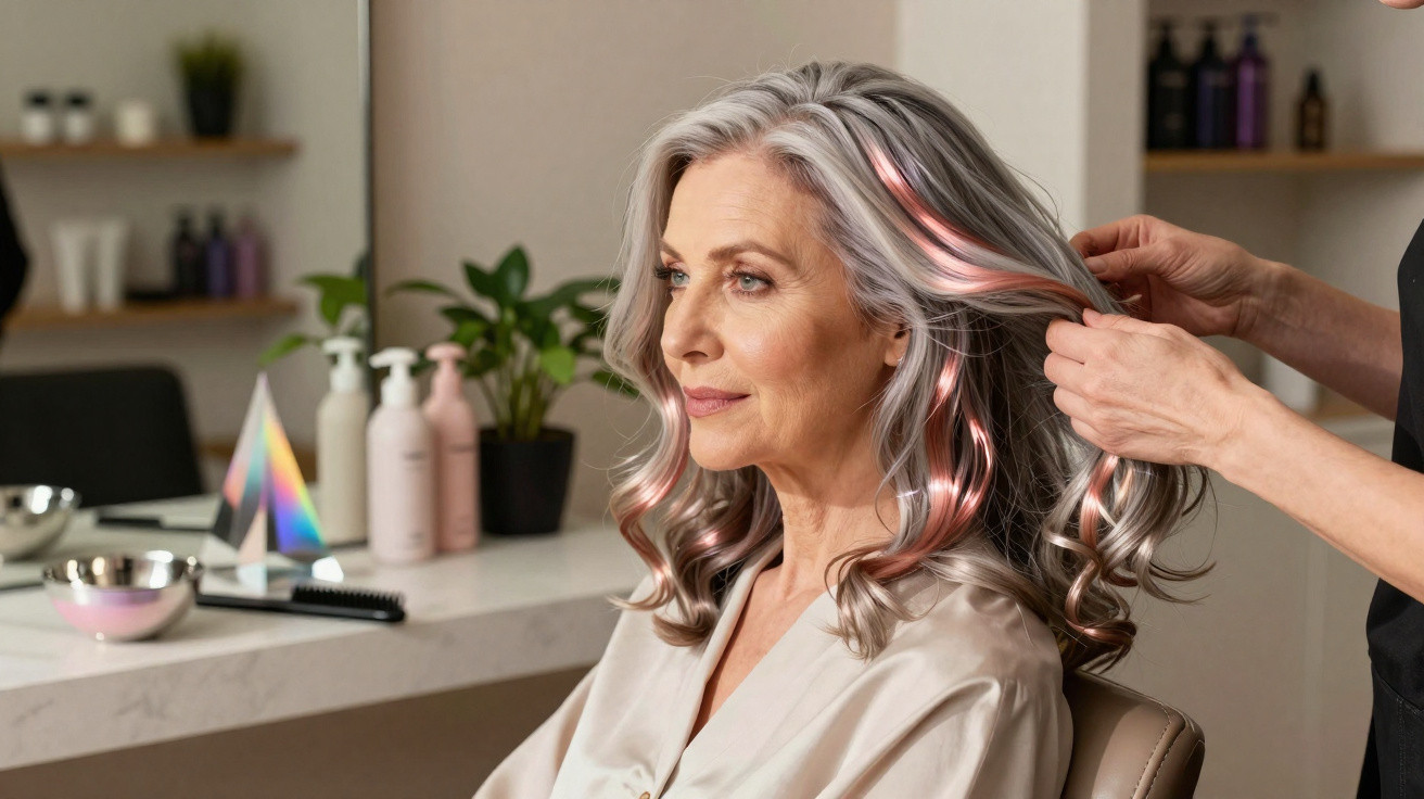 Mulher sénior sentada num salão de beleza a receber penteado com madeixas cor de rosa.