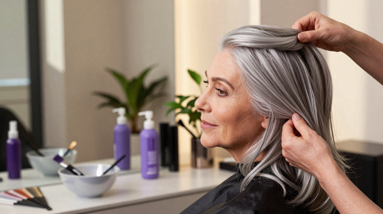 Mulher idosa com cabelo grisalho sendo penteada num salão de beleza, com produtos ao fundo.