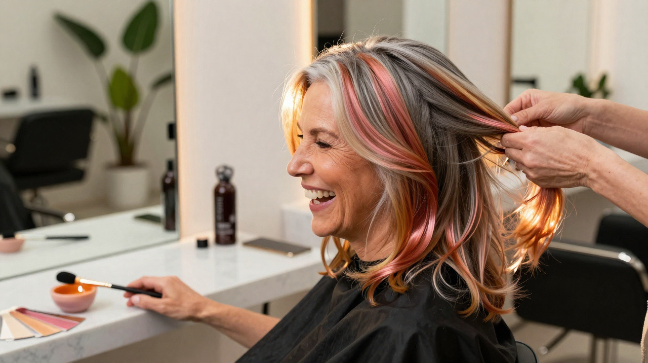 Mulher sorridente com cabelo pintado de rosa e loiro a ser penteada num cabeleireiro.