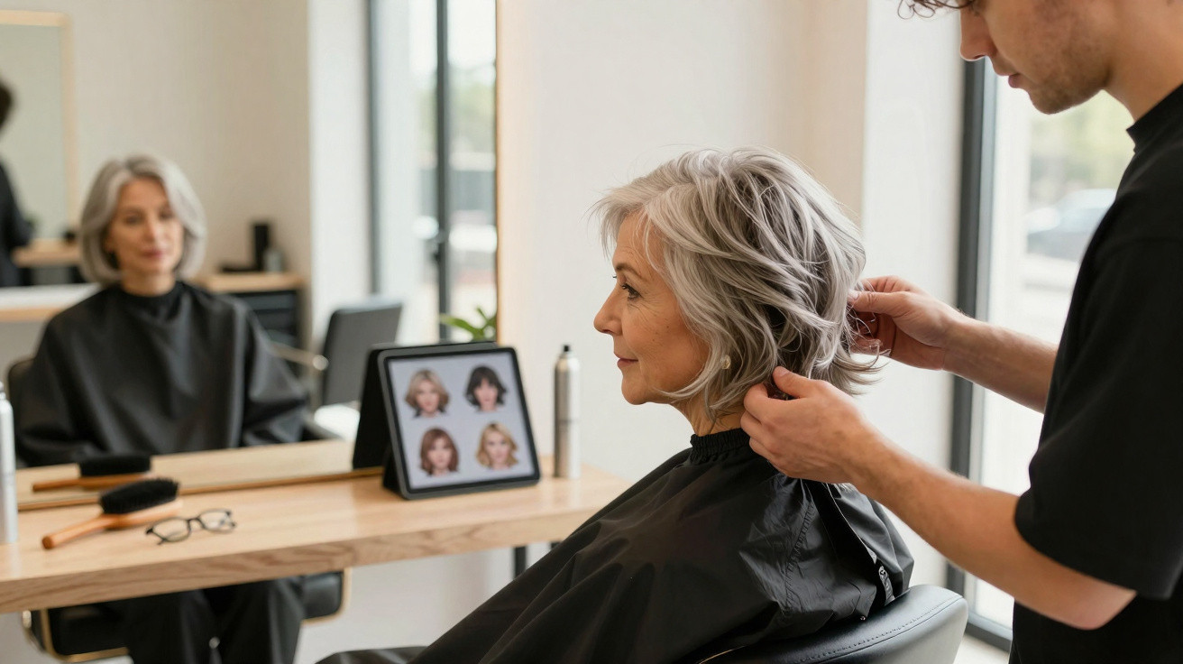 Mulher madura sentada no cabeleireiro enquanto profissional ajusta o seu cabelo curto e grisalho.