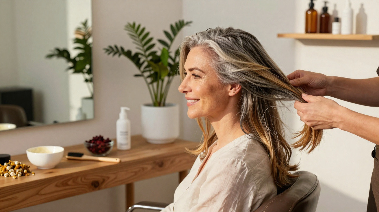 Mulher sorridente sentada enquanto alguém penteia o seu cabelo num salão iluminado.