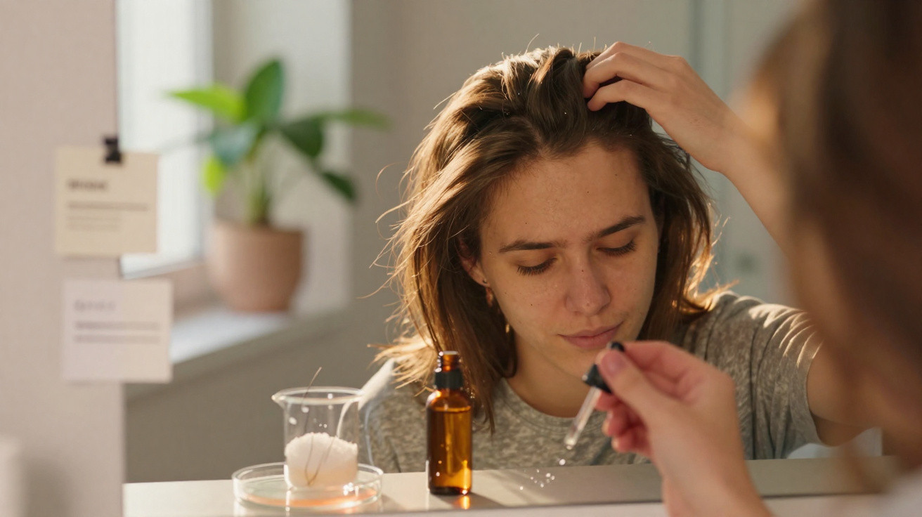 Mulher a aplicar sérum facial com conta-gotas em frente a um espelho num ambiente iluminado e relaxante.