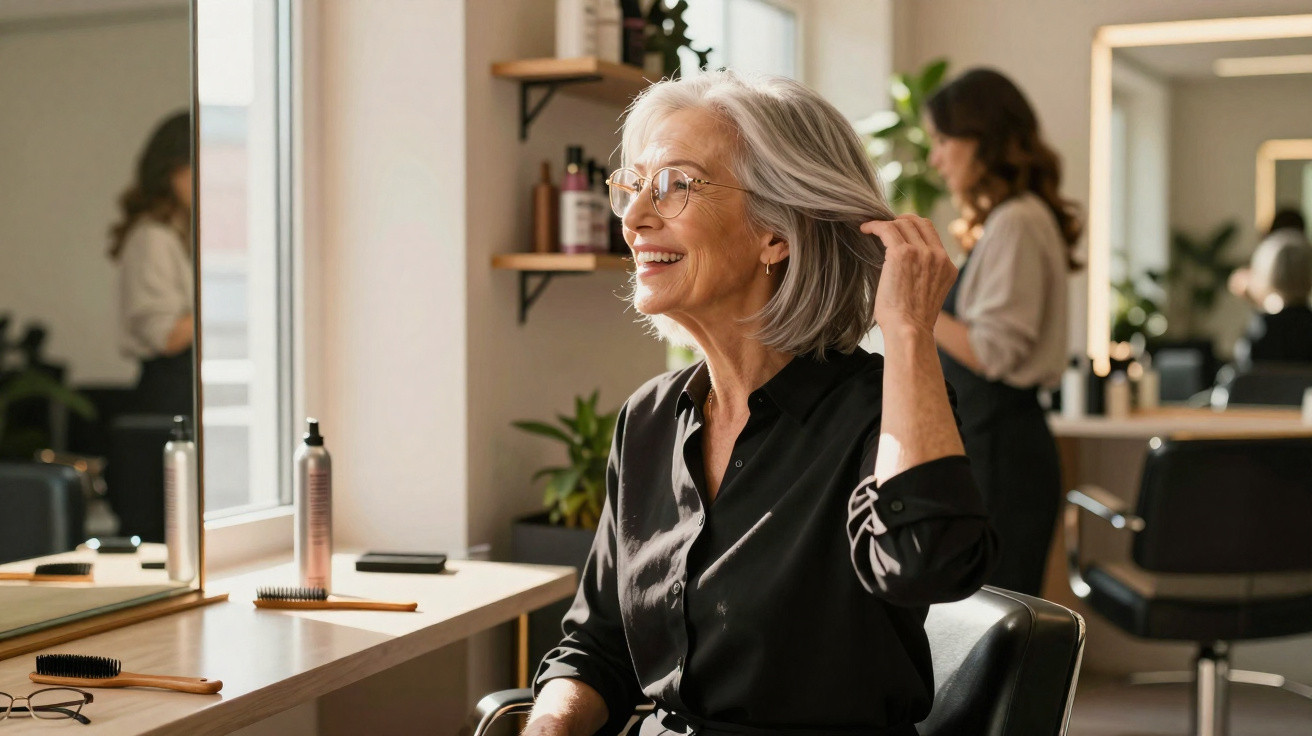 Mulher idosa sorridente com óculos a tocar no cabelo num salão de beleza iluminado e moderno.